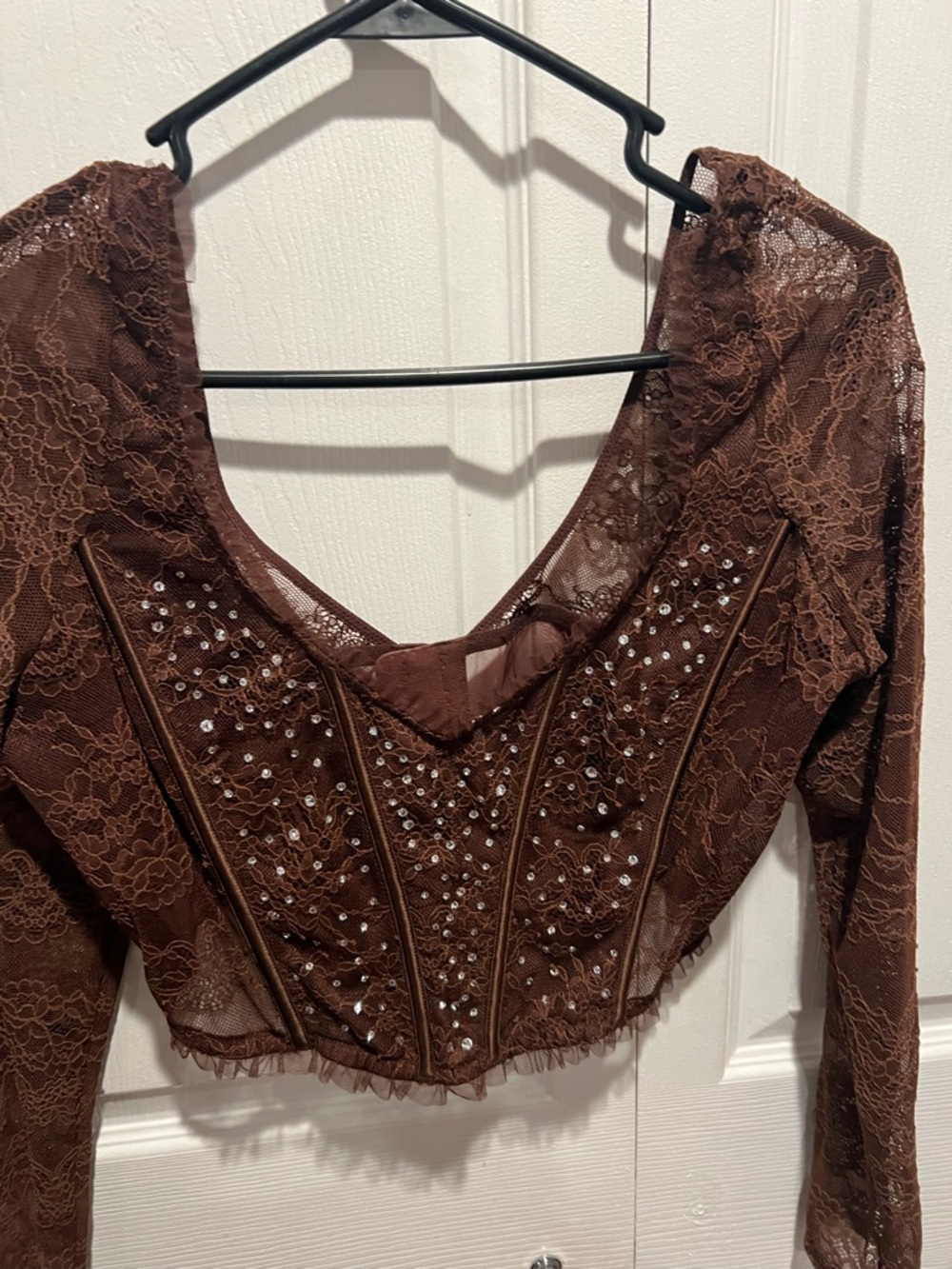 Victoria's Secret Brown Lace Long-Sleeve Embellished Crop Top